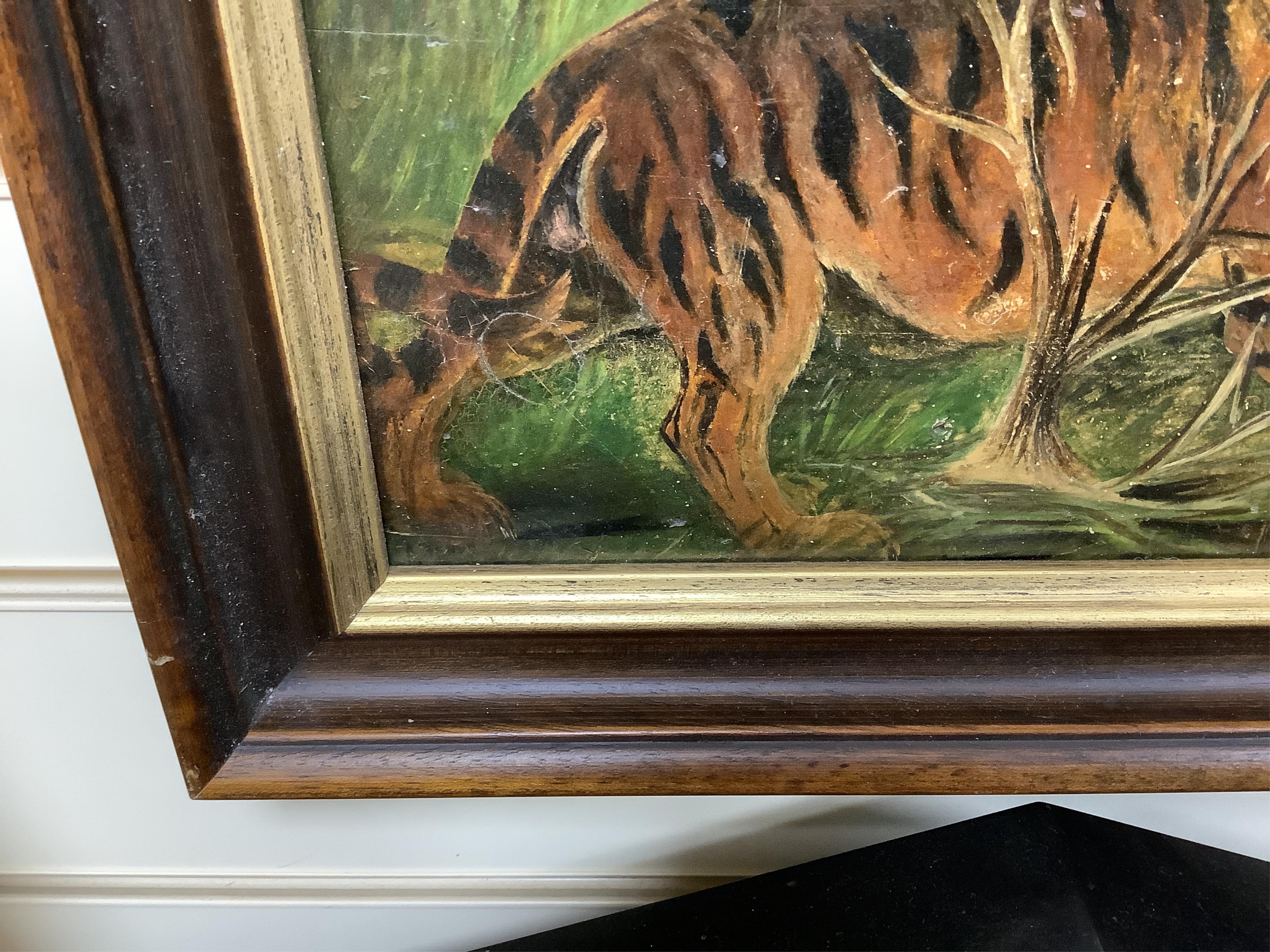 Late 19th / early 20th century, naive oil on panel, Study of a tiger, indistinctly signed lower left, A Ten...., 20 x 26cm. Condition - poor